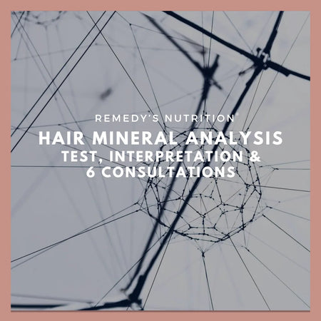 A promotional graphic for Remedy's Nutrition's Hair Mineral Analysis Test & 6 Consultations.