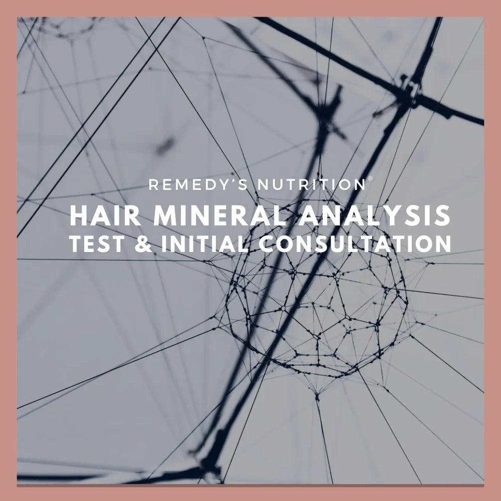 A promotional graphic for Remedy's Nutrition's Hair Mineral Analysis Test & Initial Consultation.