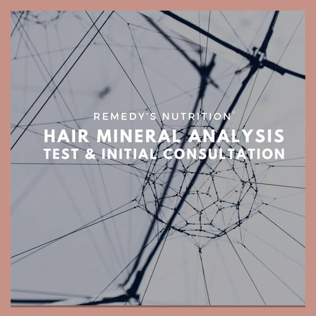 A promotional graphic for Remedy's Nutrition's Hair Mineral Analysis Test & Initial Consultation.