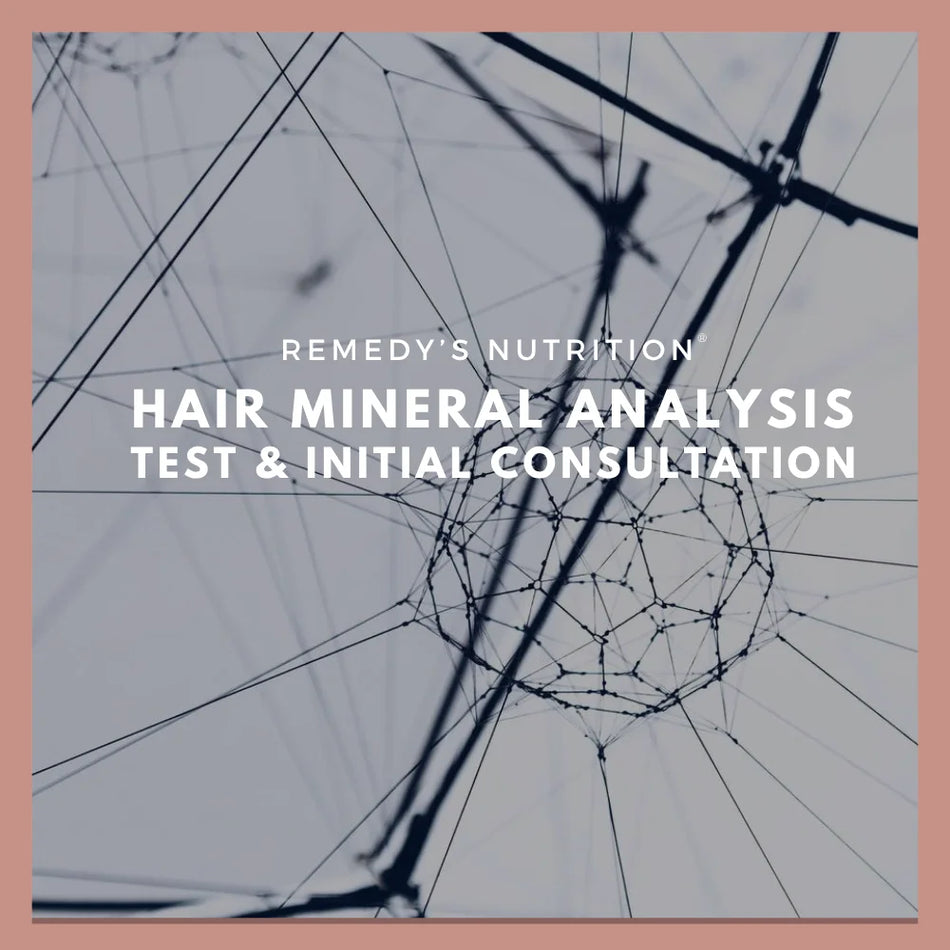 A promotional graphic for Remedy's Nutrition's Hair Mineral Analysis Test & Initial Consultation.