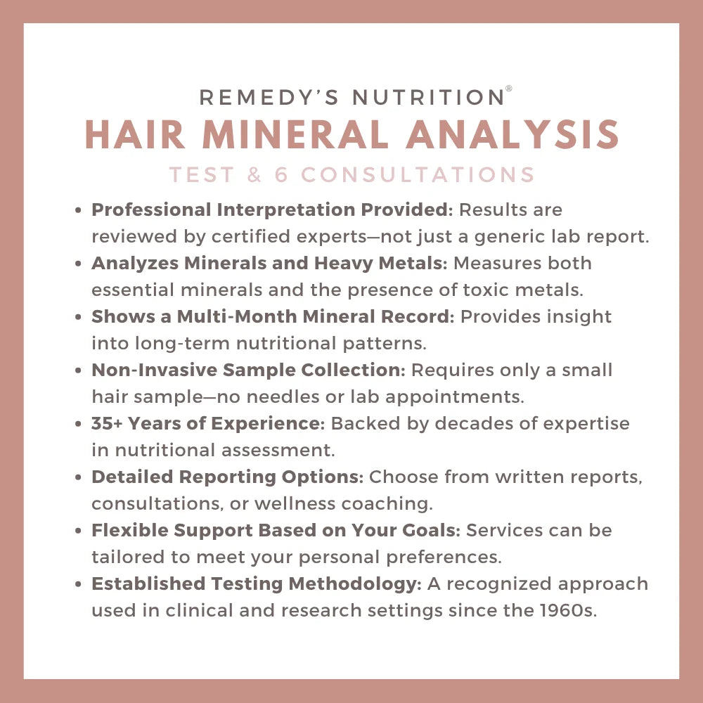 A list of features for the Remedy's Nutrition Hair Mineral Analysis Test & 6 Consultations service.