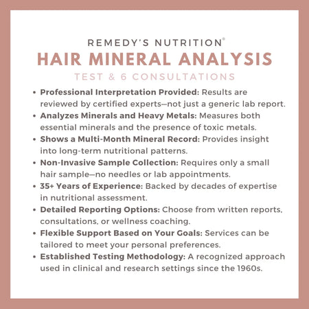 A list of features for the Remedy's Nutrition Hair Mineral Analysis Test & 6 Consultations service.