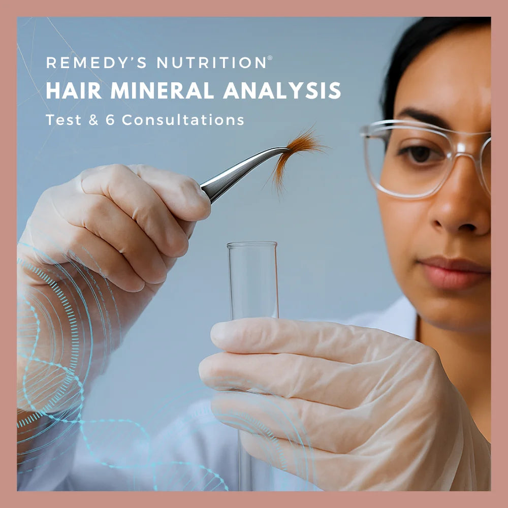 An ad for Remedy's Nutrition Hair Mineral Analysis & 6 Consultations shows a lab tech placing hair into a test tube.