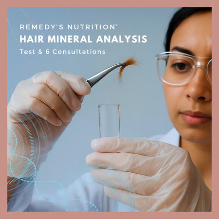 An ad for Remedy's Nutrition Hair Mineral Analysis & 6 Consultations shows a lab tech placing hair into a test tube.