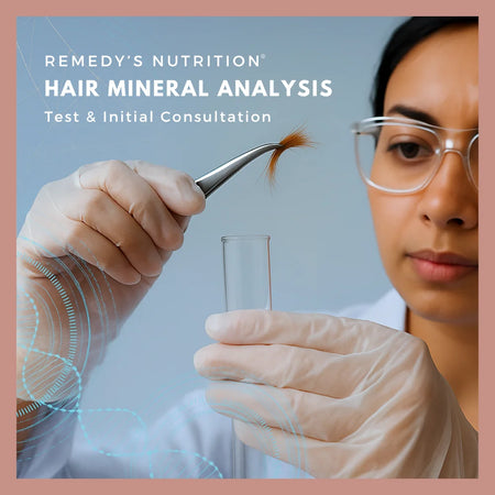 An ad for Remedy's Nutrition Hair Mineral Analysis & Initial Consultation shows a lab tech placing hair into a test tube.