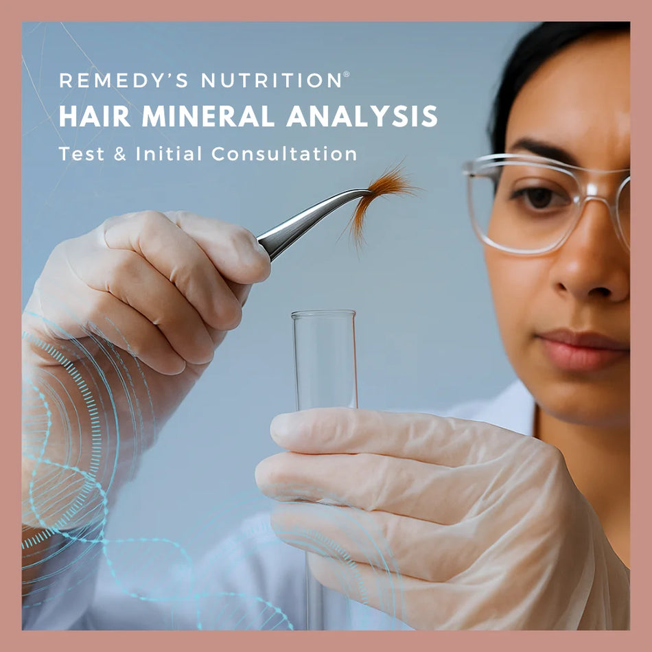 An ad for Remedy's Nutrition Hair Mineral Analysis & Initial Consultation shows a lab tech placing hair into a test tube.