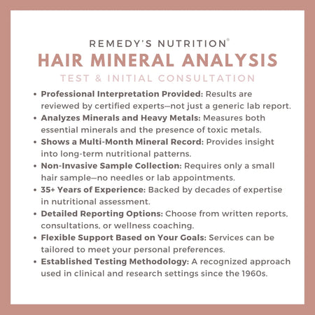 A list of features for the Remedy's Nutrition Hair Mineral Analysis Test & Initial Consultation service.