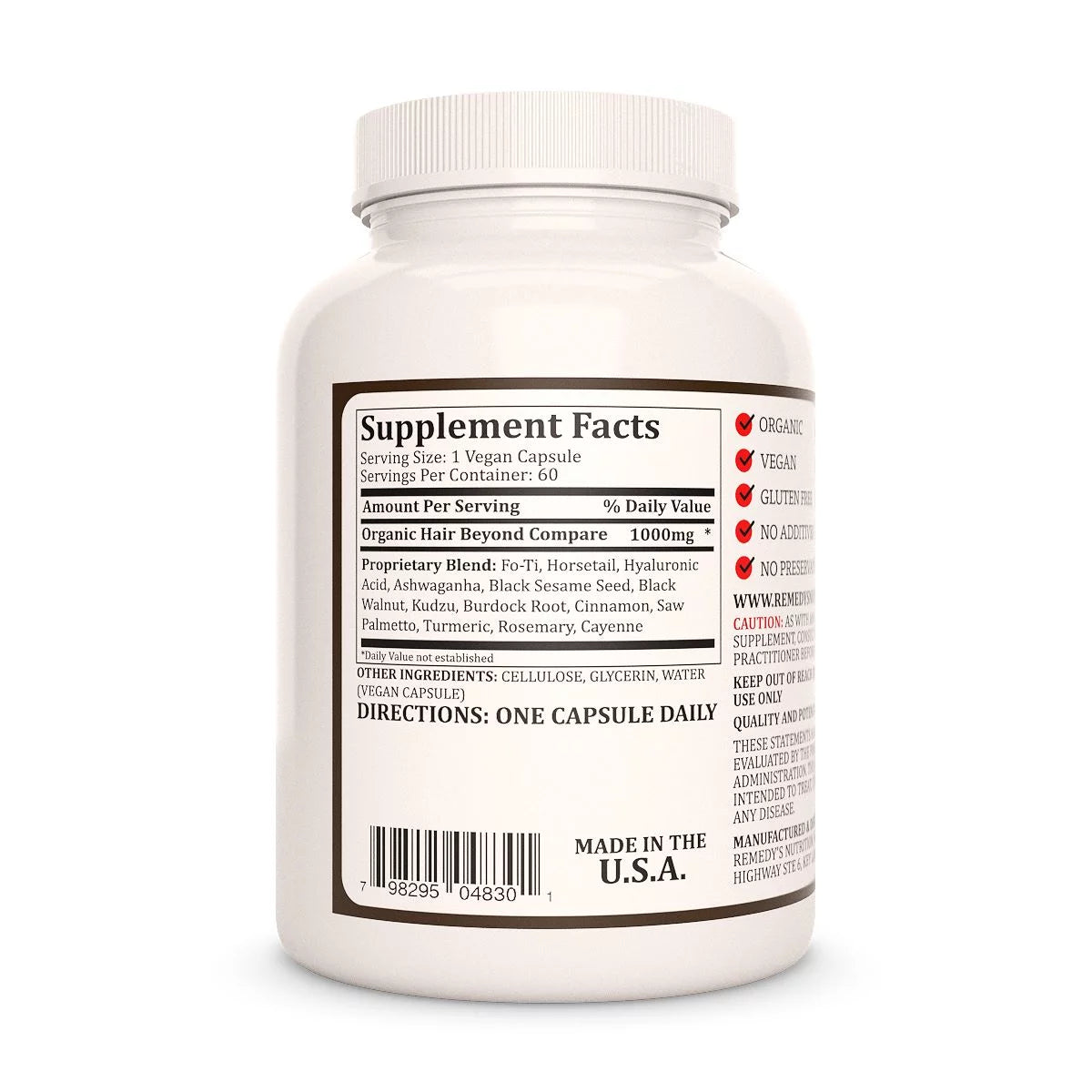 Image of Remedy's Nutrition® Hari Beyond Compare™ back label. Supplement Facts, Hyaluronic Acid, Ashwagandha, Black Sesame.
