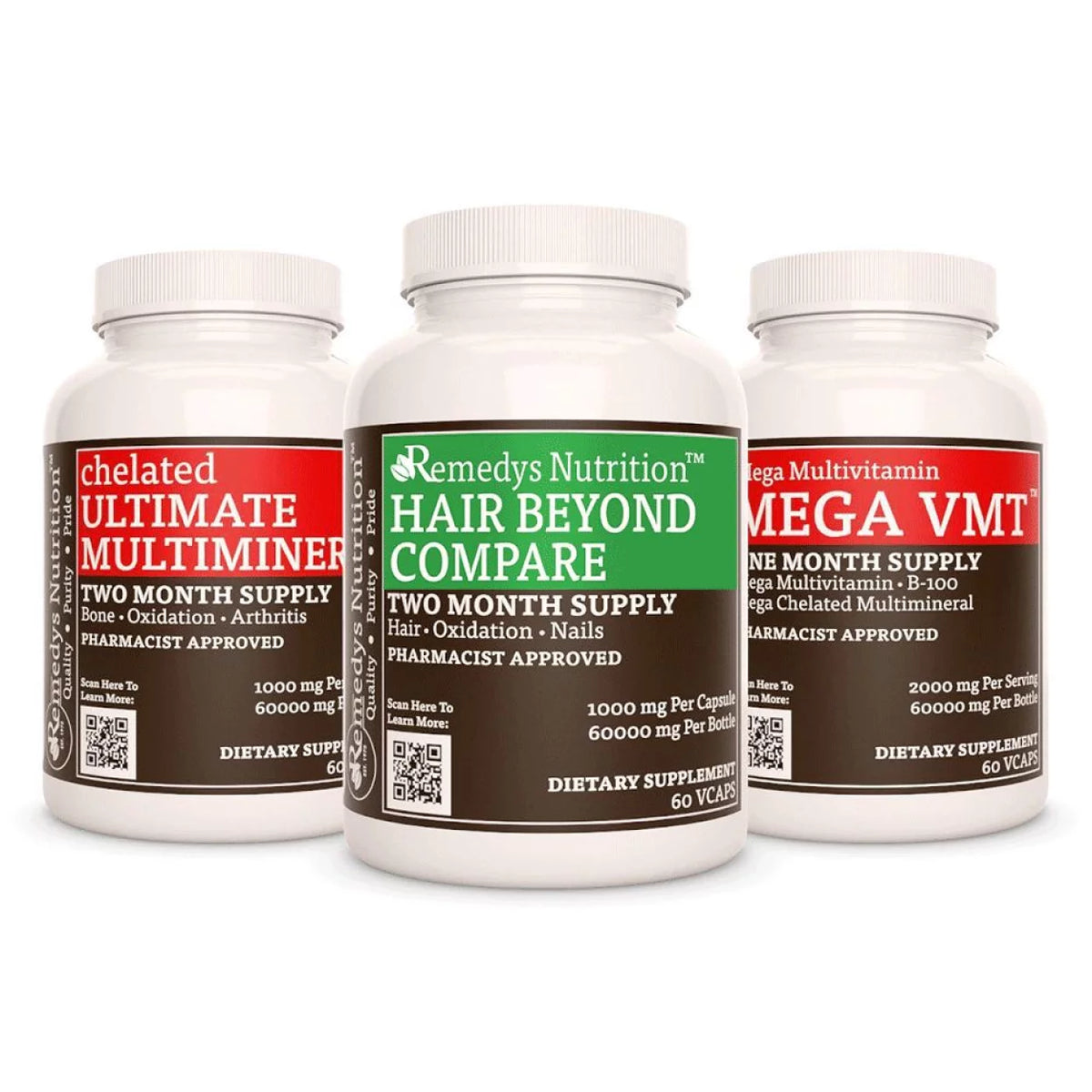 Image of Remedy's Nutrition® Hair Power Pack™ Dietary Supplements. Hair Beyond Compare™, Ultimate Multimineral™, Mega VMT™.