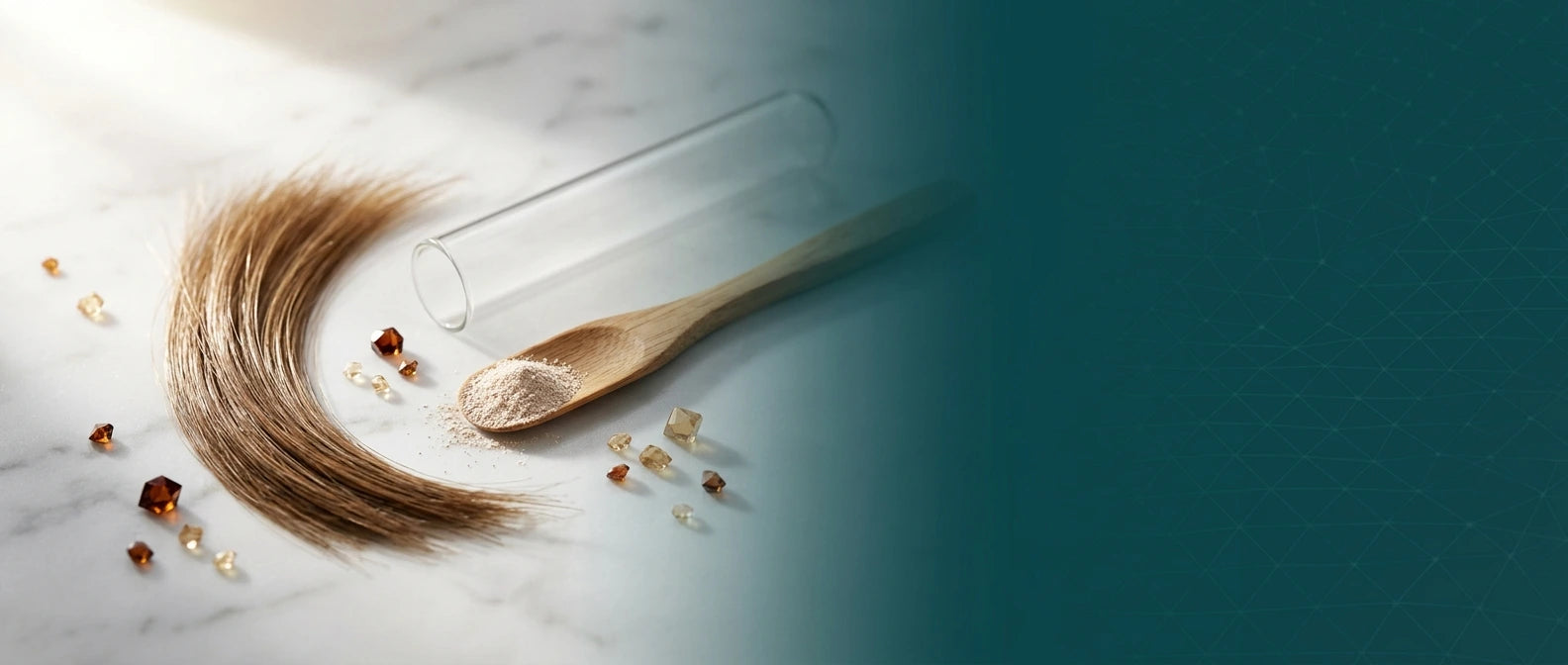 Hair tissue mineral analysis — hair sample, test tube and mineral crystals for nutritional testing — Remedy's Nutrition