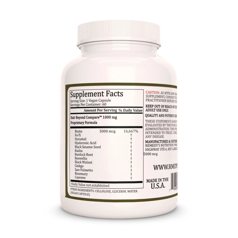 Image of Remedy's Nutrition® Hair Beyond Compare™ Capsules Herbal Supplement back bottle. Made in the USA. Hyaluronic, Kudzu