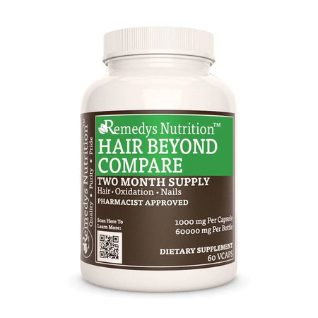 Image of Remedy's Nutrition® Hair Beyond Compare™ Capsules Herbal Supplement front bottle. Made in the USA. Fo-Ti, Horsetail