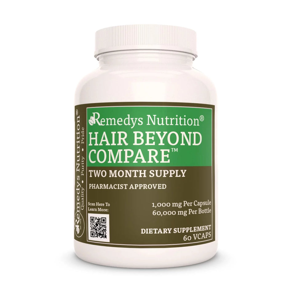 Image of Remedy's Nutrition® Hair Beyond Compare™ Capsules Herbal Supplement front bottle. Made in the USA. Fo-Ti, Horsetail.