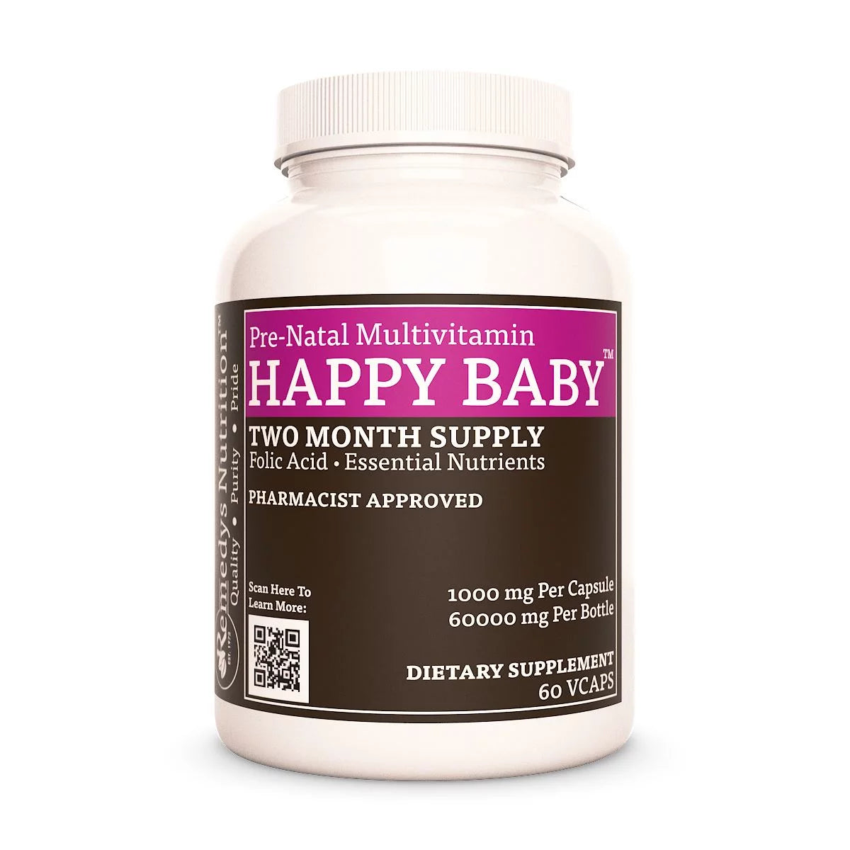 Image of Remedy's Nutrition® Happy Baby™ Mothers' Prenatal Multivitamin Capsules Dietary Supplement front bottle. Made in USA.