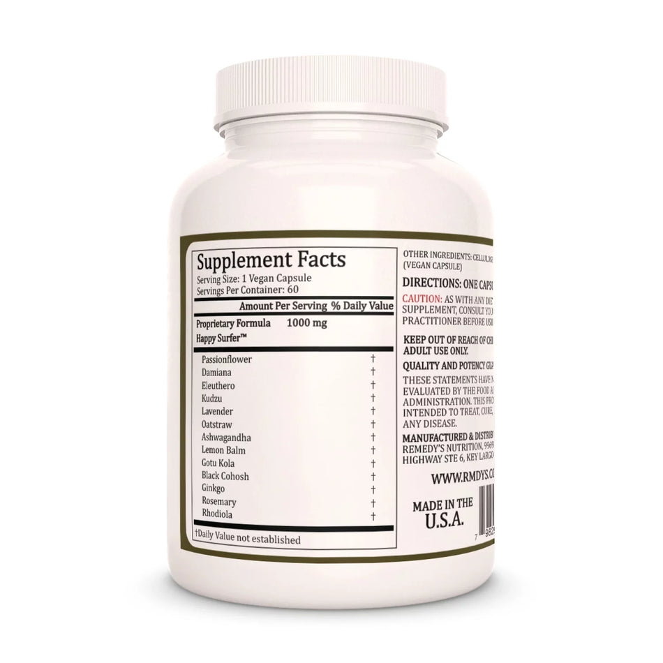Image of Remedy's Nutrition® Happy Surfer™ Capsules Herbal Supplement back bottle. Made in the USA. Kudzu, Lavendar, Ashwagandha. 