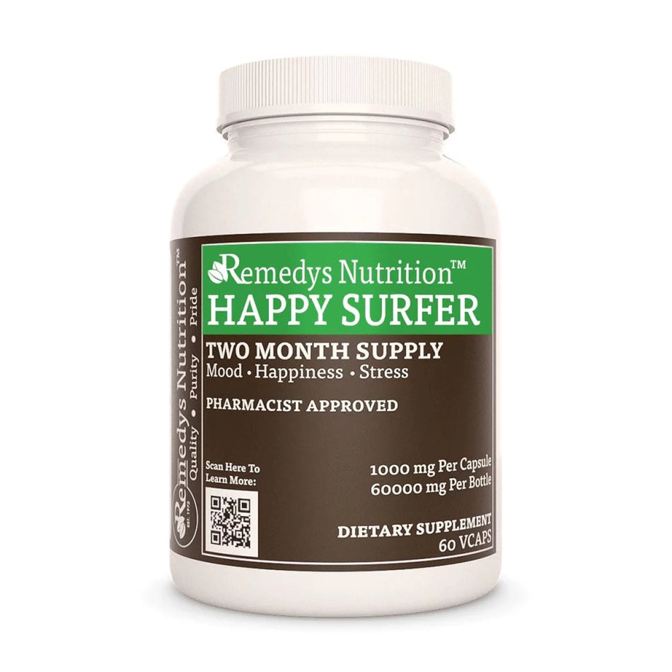Image of Remedy's Nutrition® Happy Surfer™ Capsules Herbal Supplement front bottle. Made in the USA. GABA, Rosemary, Gingko. 