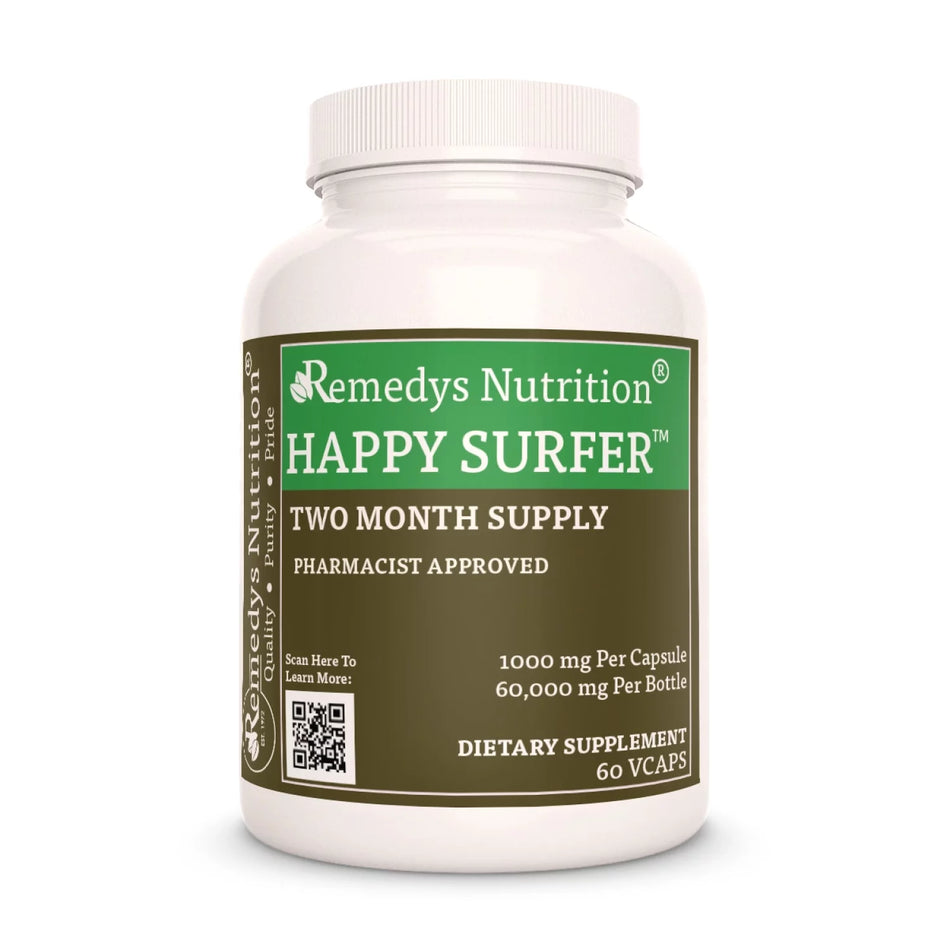 Image of Remedy's Nutrition® Happy Surfer™ Capsules Herbal Supplement front bottle. Made in the USA. Gotu Kola, Rosemary, Gingko. 