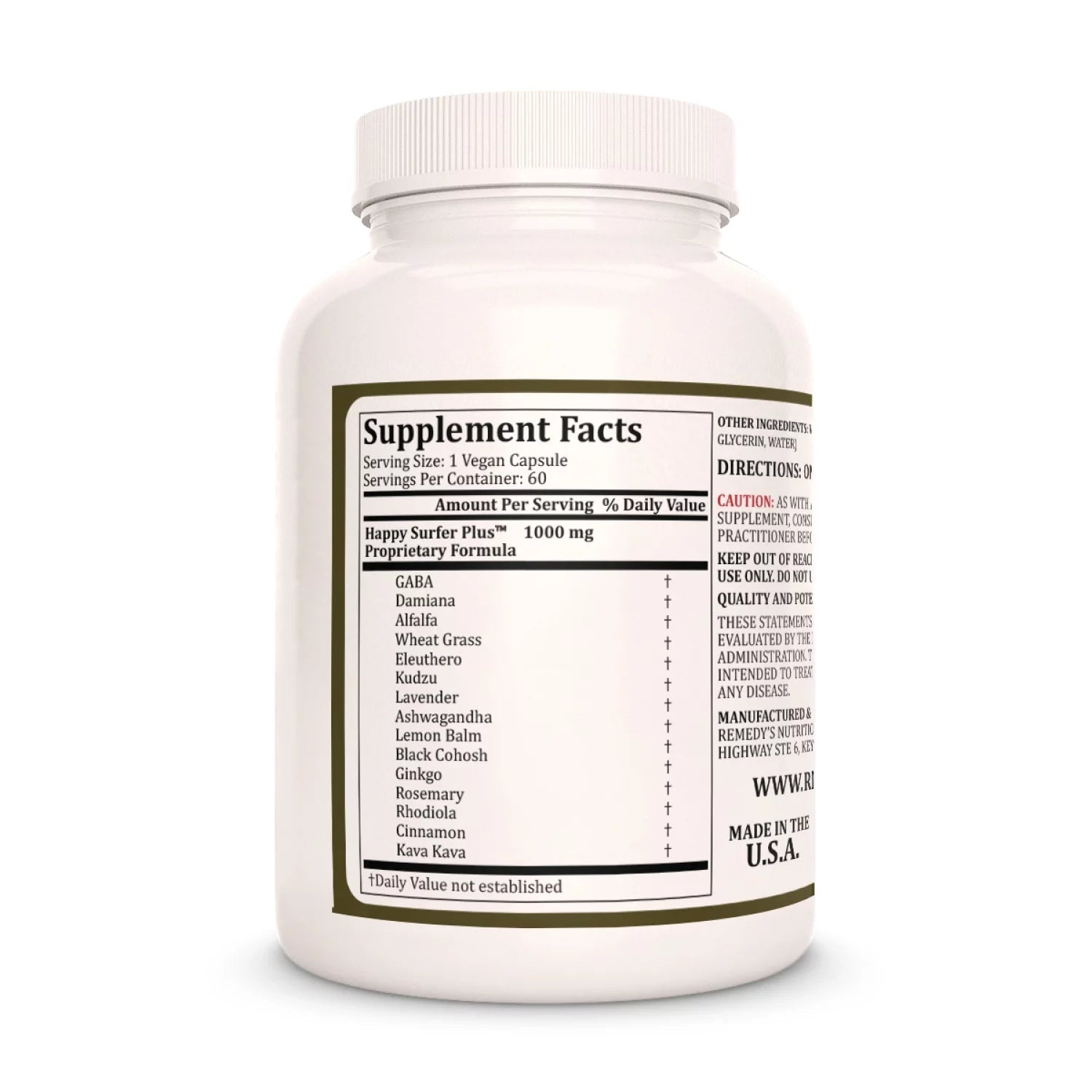 Image of Remedy's Nutrition® Happy Surfer Plus™ Capsules Herbal Supplement back bottle. Made in the USA. Lavender, Ashwagandha, Cinnamon