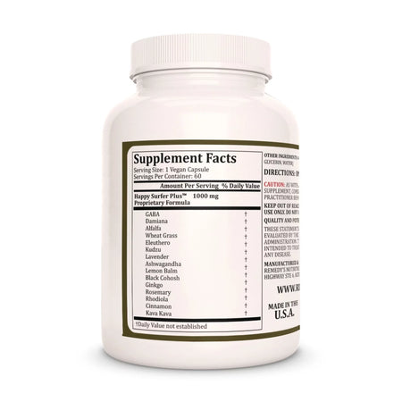 Image of Remedy's Nutrition® Happy Surfer Plus™ Capsules Herbal Supplement back bottle. Made in the USA. Lavender, Ashwagandha, Cinnamon