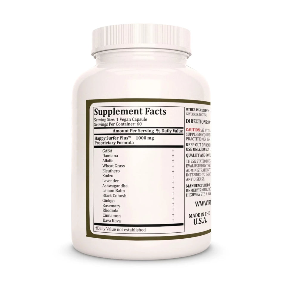 Image of Remedy's Nutrition® Happy Surfer Plus™ Capsules Herbal Supplement back bottle. Made in the USA. Lavender, Ashwagandha, Cinnamon