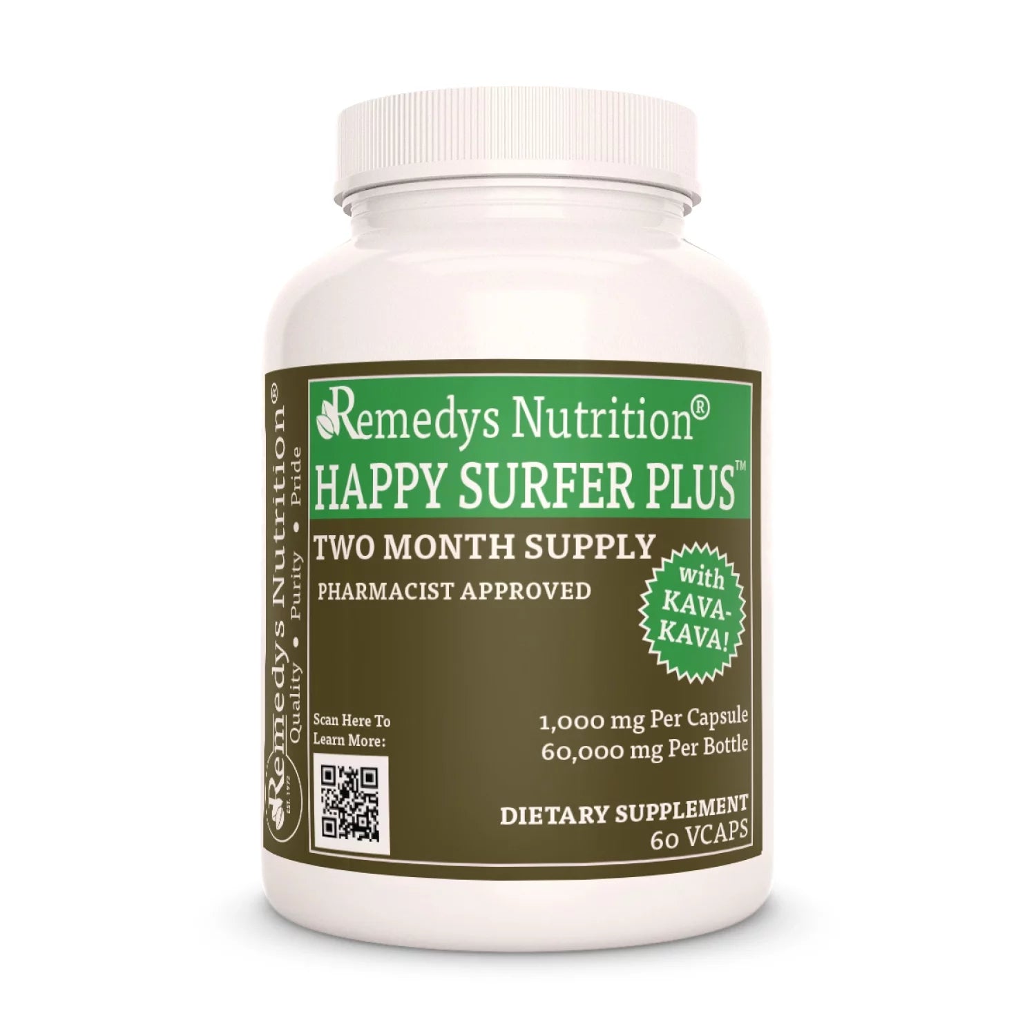 Image of Remedy's Nutrition® Happy Surfer Plus™ Capsules Herbal Supplement front bottle. Made in the USA. GABA, Kava Kava, Gingko. 