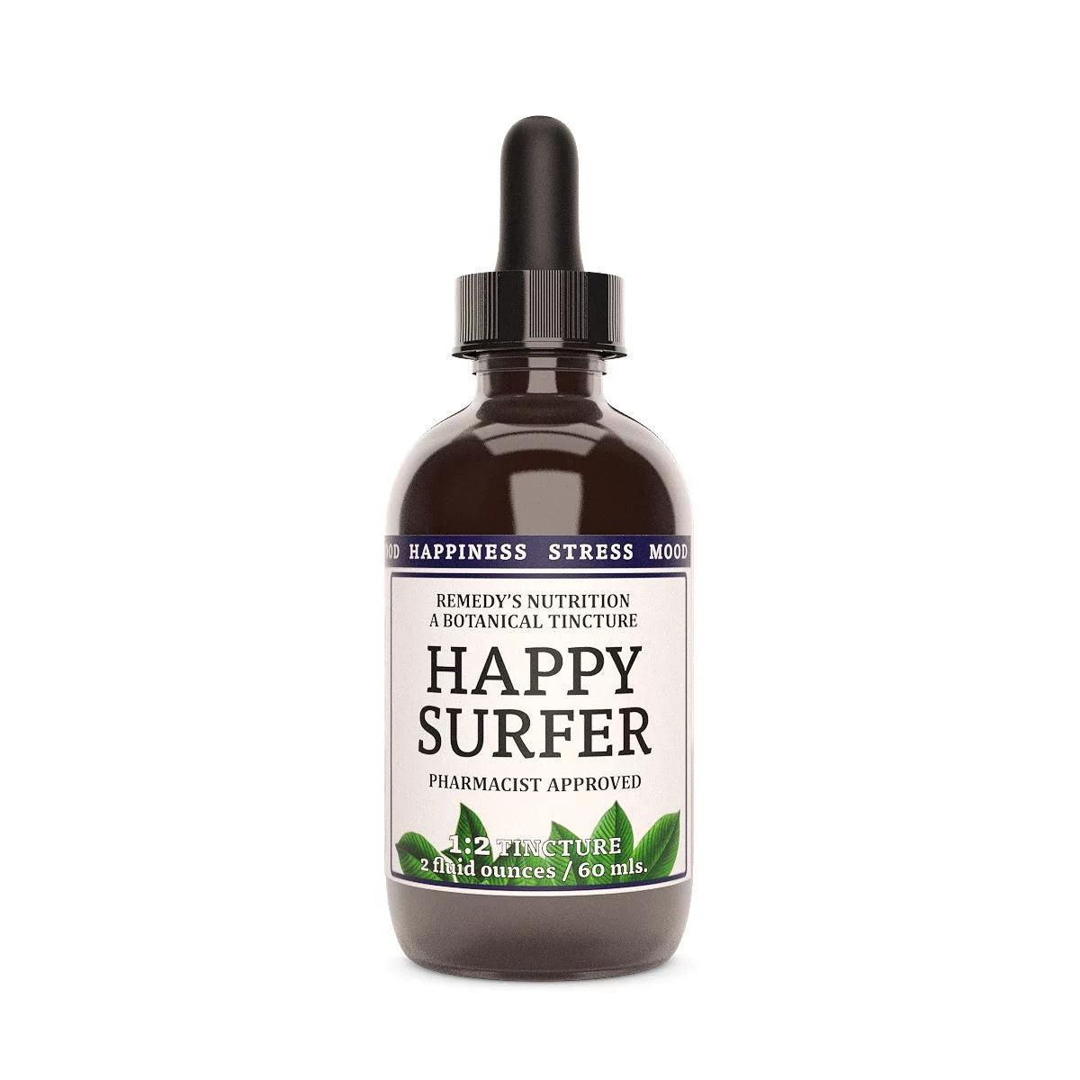 Image of Remedy's Nutrition® Happy Surfer™ Tincture Dietary Herbal Supplement front bottle. Made in the USA.
