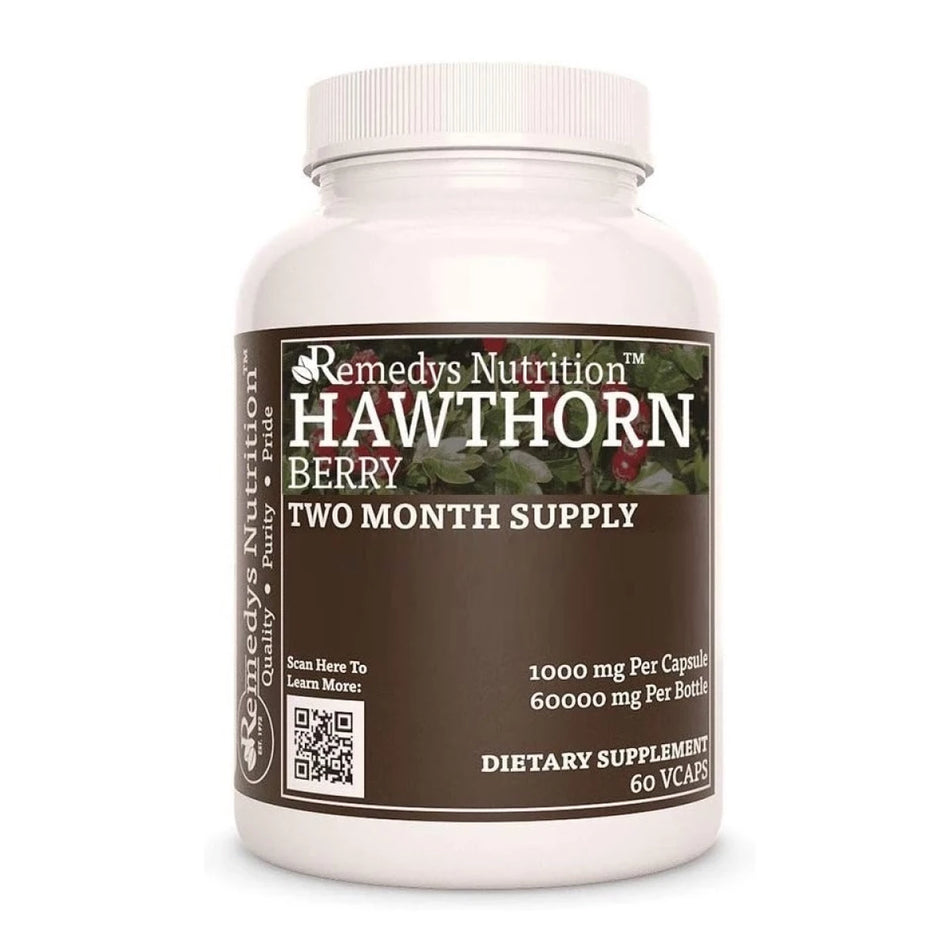 Image of Remedy's Nutrition® Hawthorn Berry Dietary Supplement front bottle label.  Made in the USA. 