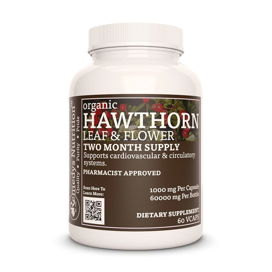 Image of Remedy's Nutrition® Hawthorn Leaf & Flower Capsules Dietary Herbal Supplement front bottle. Made in USA. Cataegus