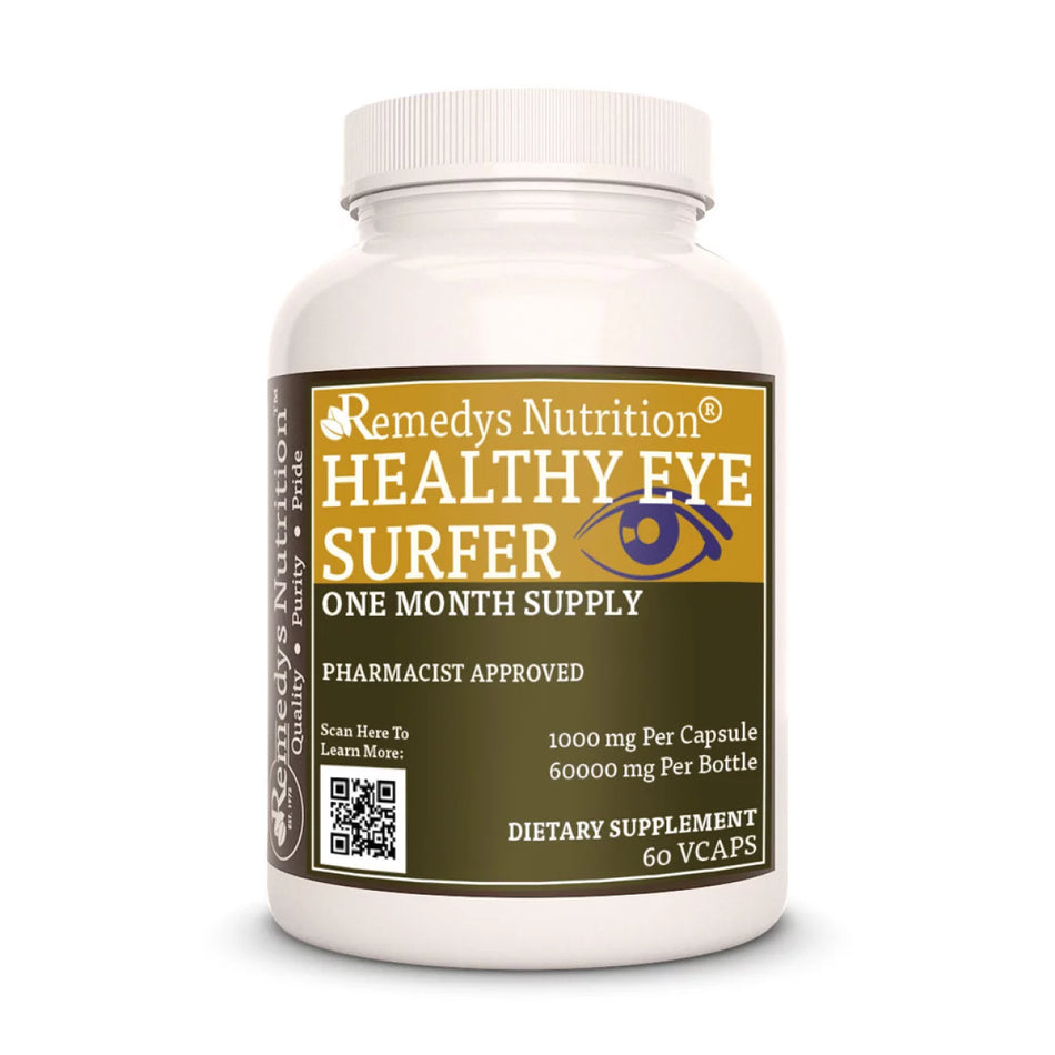Image of Remedy's Nutrition® Healthy Eye Surfer™ Capsules Herbal Supplement front bottle. Made in USA. Blueberry, Bilberry.