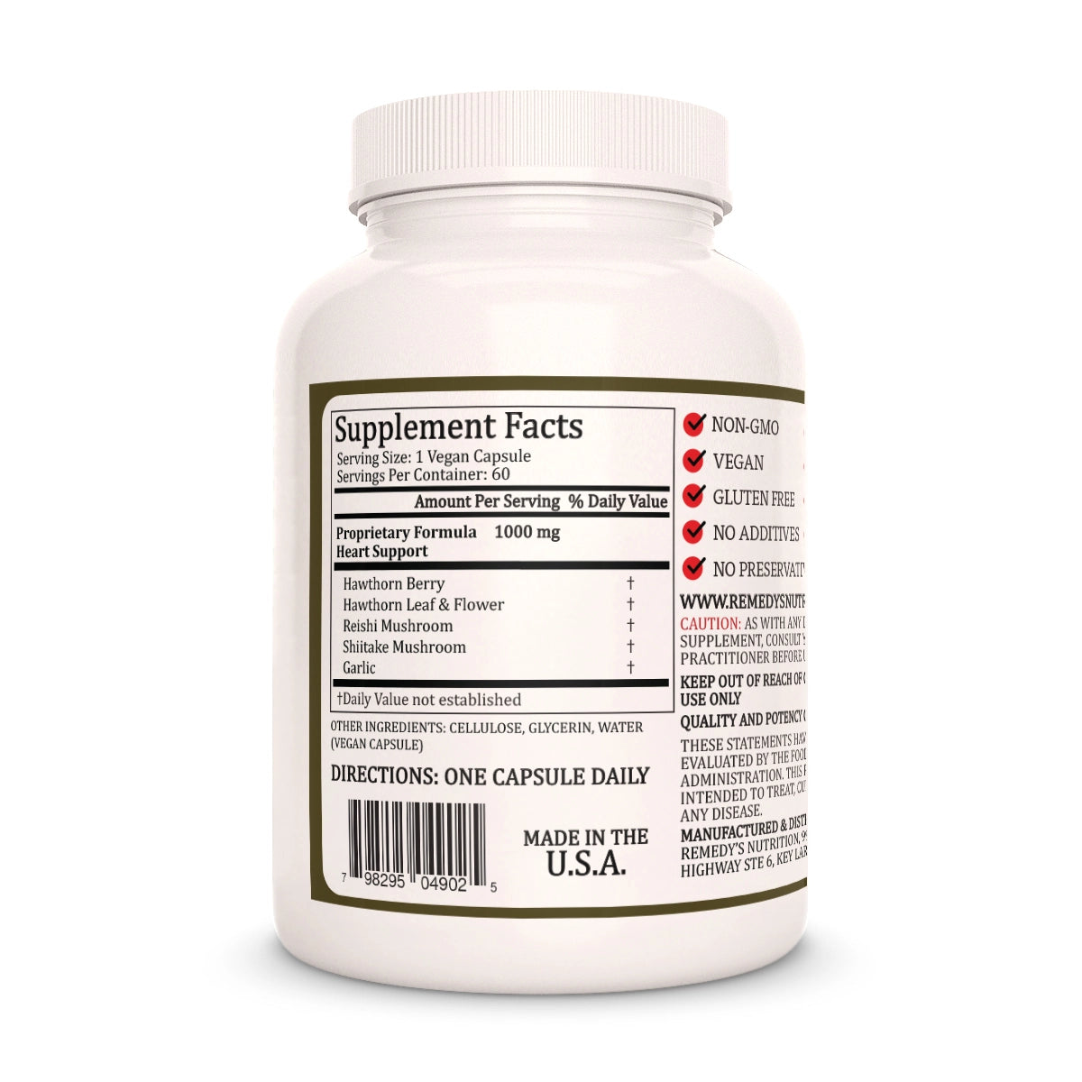 Image of Remedy's Nutrition® Heart Support™ Capsules Herbal Supplement back bottle. Made in the USA. Hawthorn, Mushroom, Garlic.