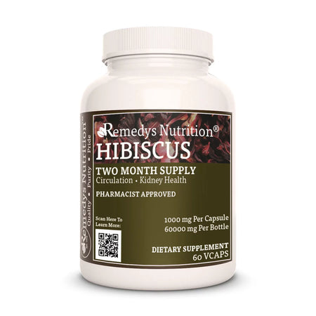 Image of Remedy's Nutrition® Hibiscus Capsules Dietary Herbal Supplement front bottle. Made in the USA. Hibiscus sabdariffa.