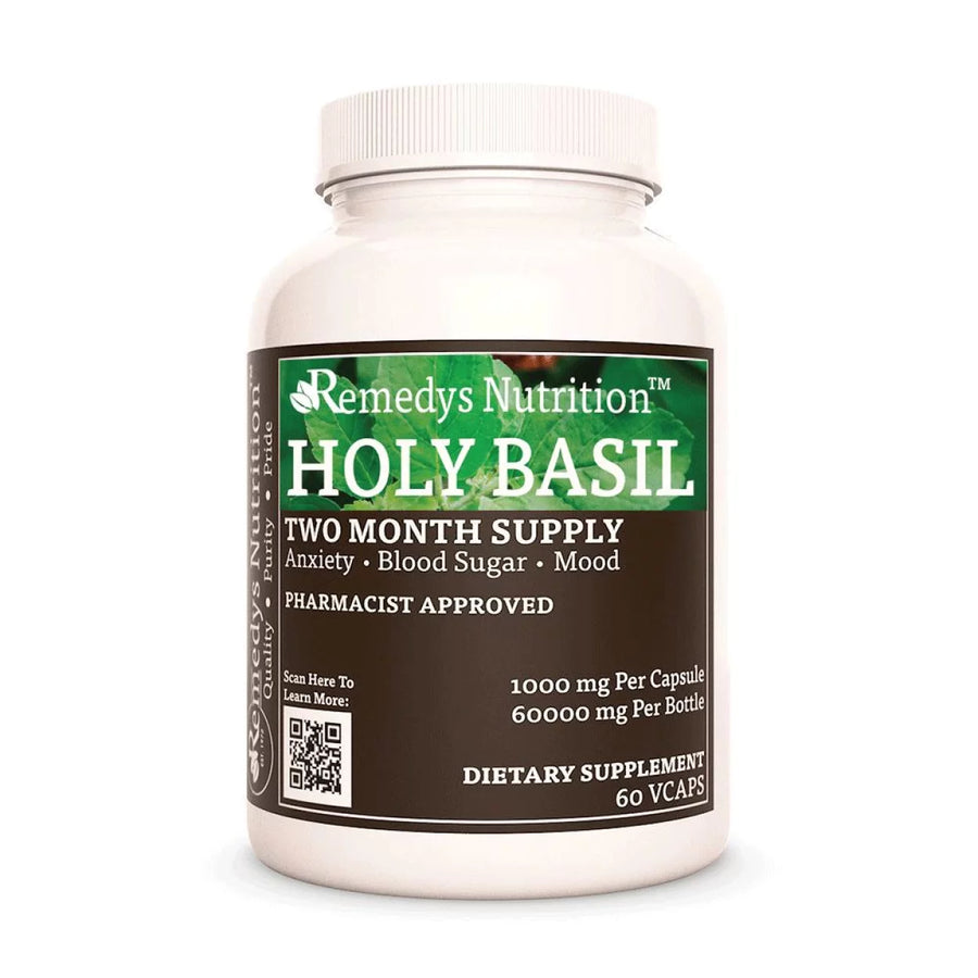 Image of Remedy's Nutrition® Holy Basil Capsules Dietary Supplement front bottle. Made in the USA.  Ocimum sanctum.