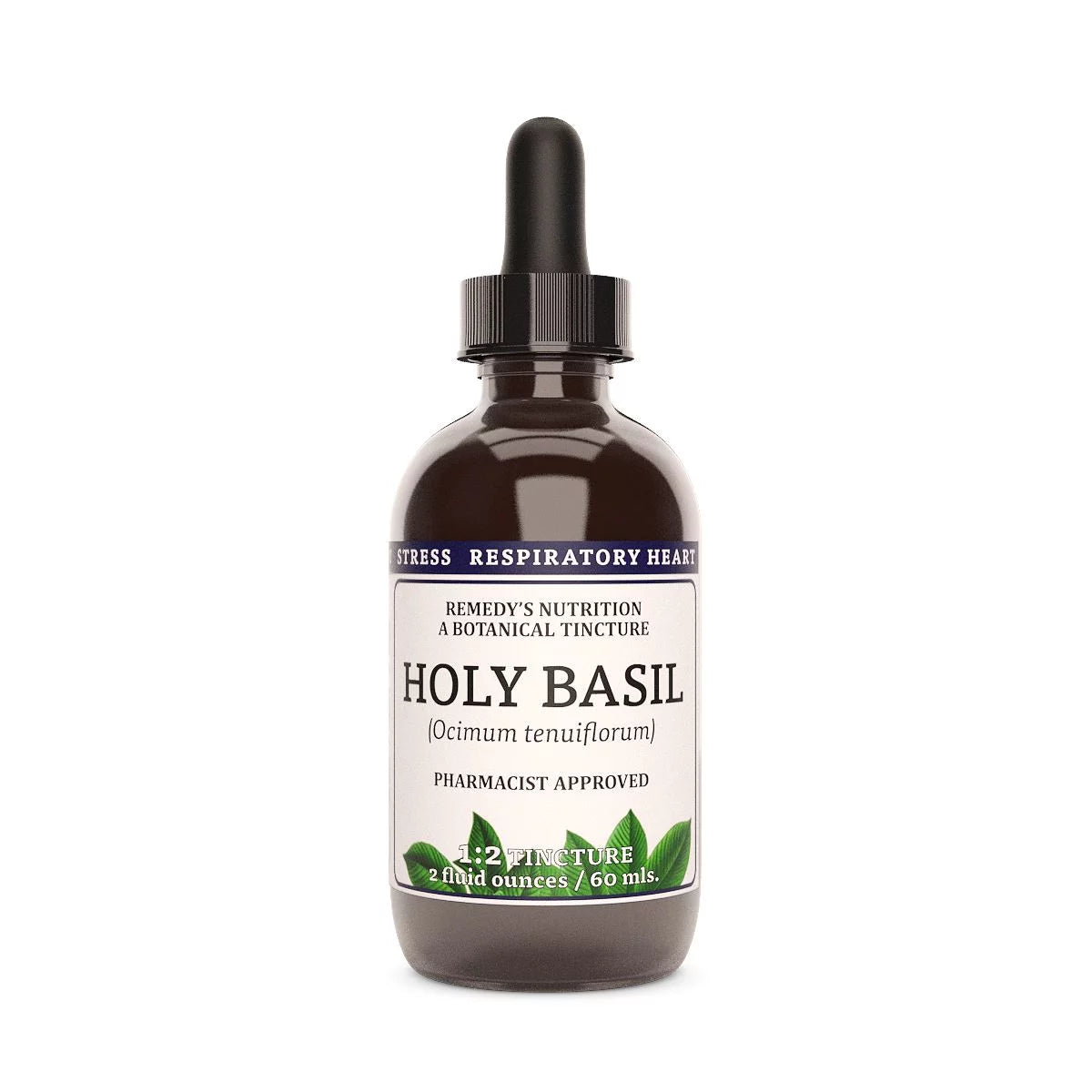 Image of Remedy's Nutrition® Holy Basil Tincture Dietary Supplement front bottle. Made in the USA. Ocimum tenuiflorum sanctum