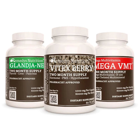 Image of Remedy's Nutrition® Hormones Power Pack™ Dietary Supplements include Vitex Berry, Mega VMT™, and GlandJa-New™.