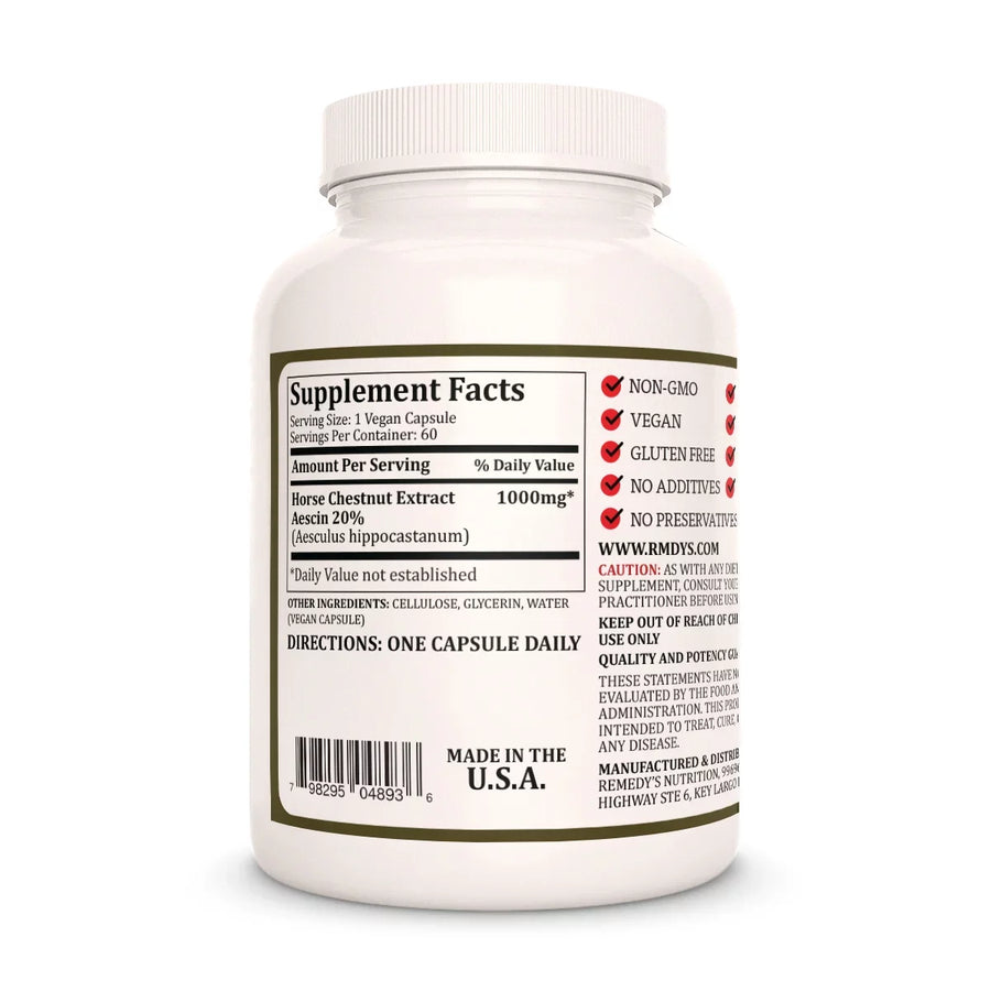 Image of Remedy's Nutrition® Horse Chestnut Extract Aescin 20% back label. Supplement Facts, Ingredients and Directions.