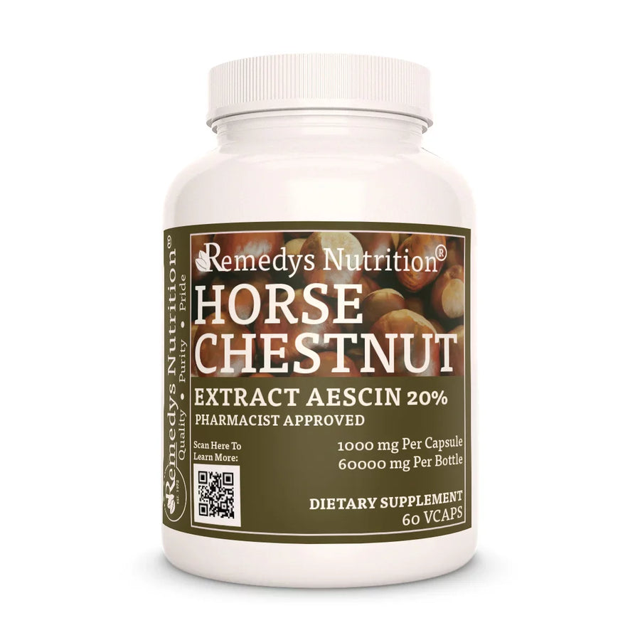 Image of Remedy's Nutrition® Horse Chestnut Extract Aescin 20% Dietary Supplement front bottle. Made in the USA.