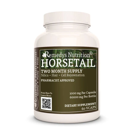 Image of Remedy's Nutrition® Horsetail Capsules Dietary Herbal Supplement front bottle. Made in the USA.  Equisetum hyemale.