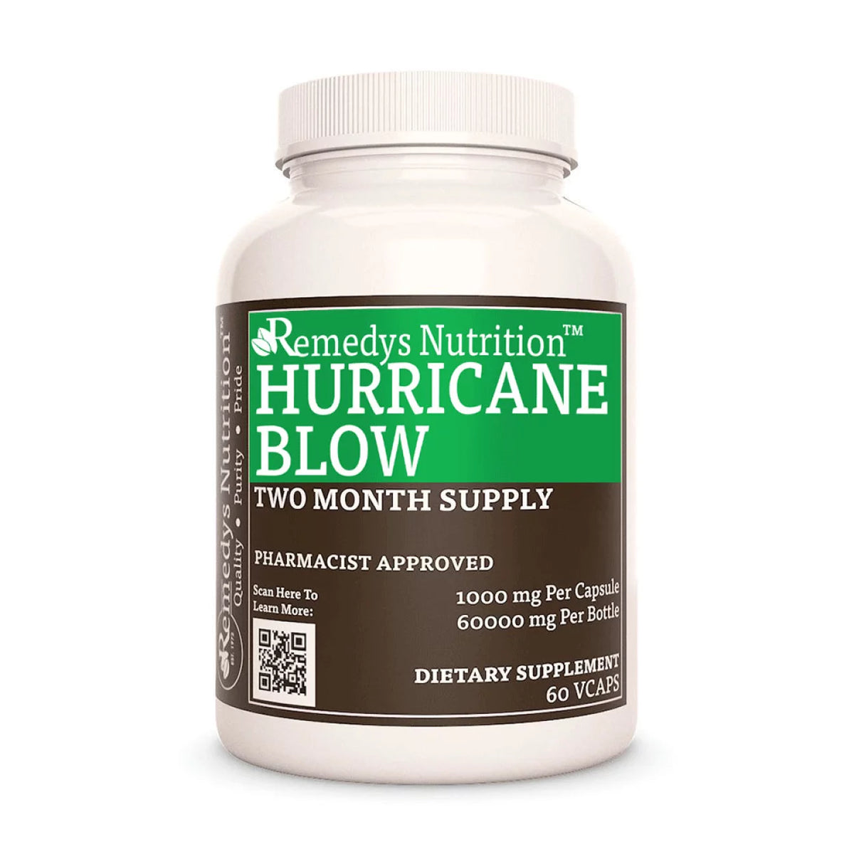 Image of Remedy's Nutrition® Hurricane Blow™ Capsules Herbal Laxative Supplement front bottle. Made in the USA. Senna, Papaya