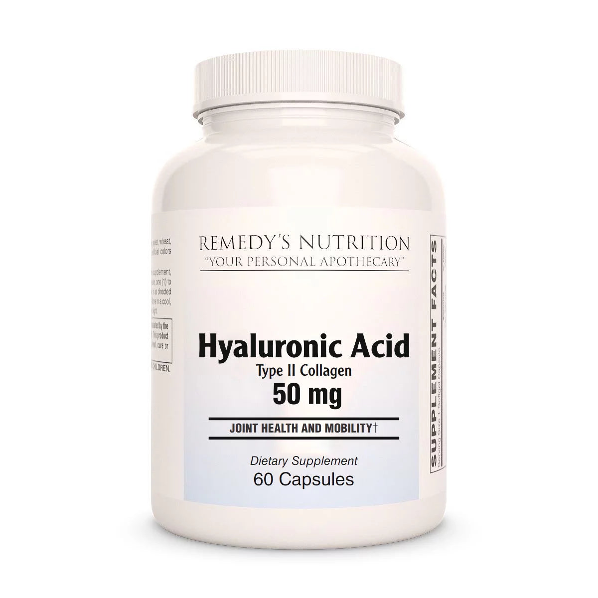 Image of Remedy's Nutrition® Hyaluronic Acid with Type II Collagen Capsules Dietary Supplement front bottle.