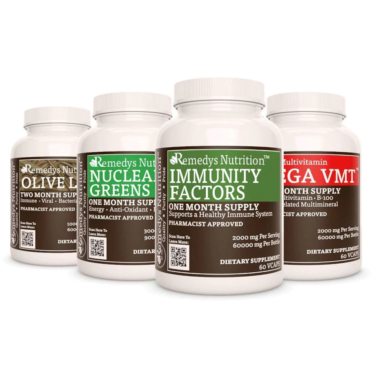 Image of Remedy's Nutrition® Immune Power Pack™ contains bottles: Immunity Factors™, Mega VMT™, Olive Leaf, Nuclear Greens™.