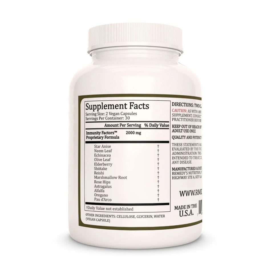 The Supplement Facts for Remedy's Nutrition Immunity Factors, a 1000mg proprietary vegan herbal blend.