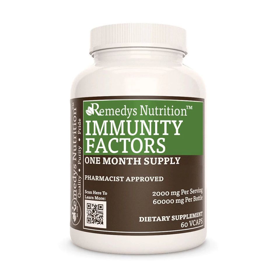 Image of Remedy's Nutrition® Immunity Factors™ Capsules Herbal Supplement front bottle. Made in USA. Star Anise, Neem, Olive.