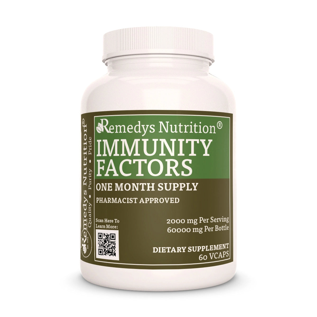 Image of Remedy's Nutrition® Immunity Factors™ Capsules Herbal Supplement front bottle. Made in USA. Star Anise, Neem, Olive.