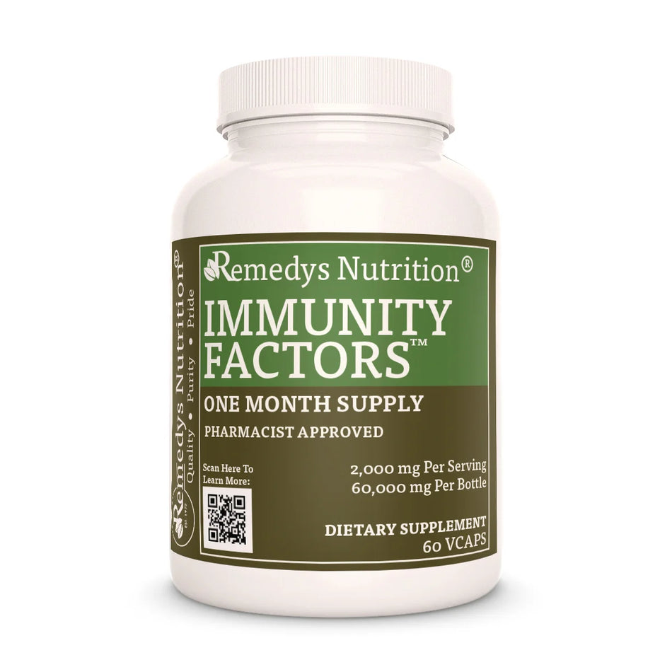 A bottle of Remedys Nutrition Immunity Factors, a one-month supply, pharmacist-approved dietary supplement.