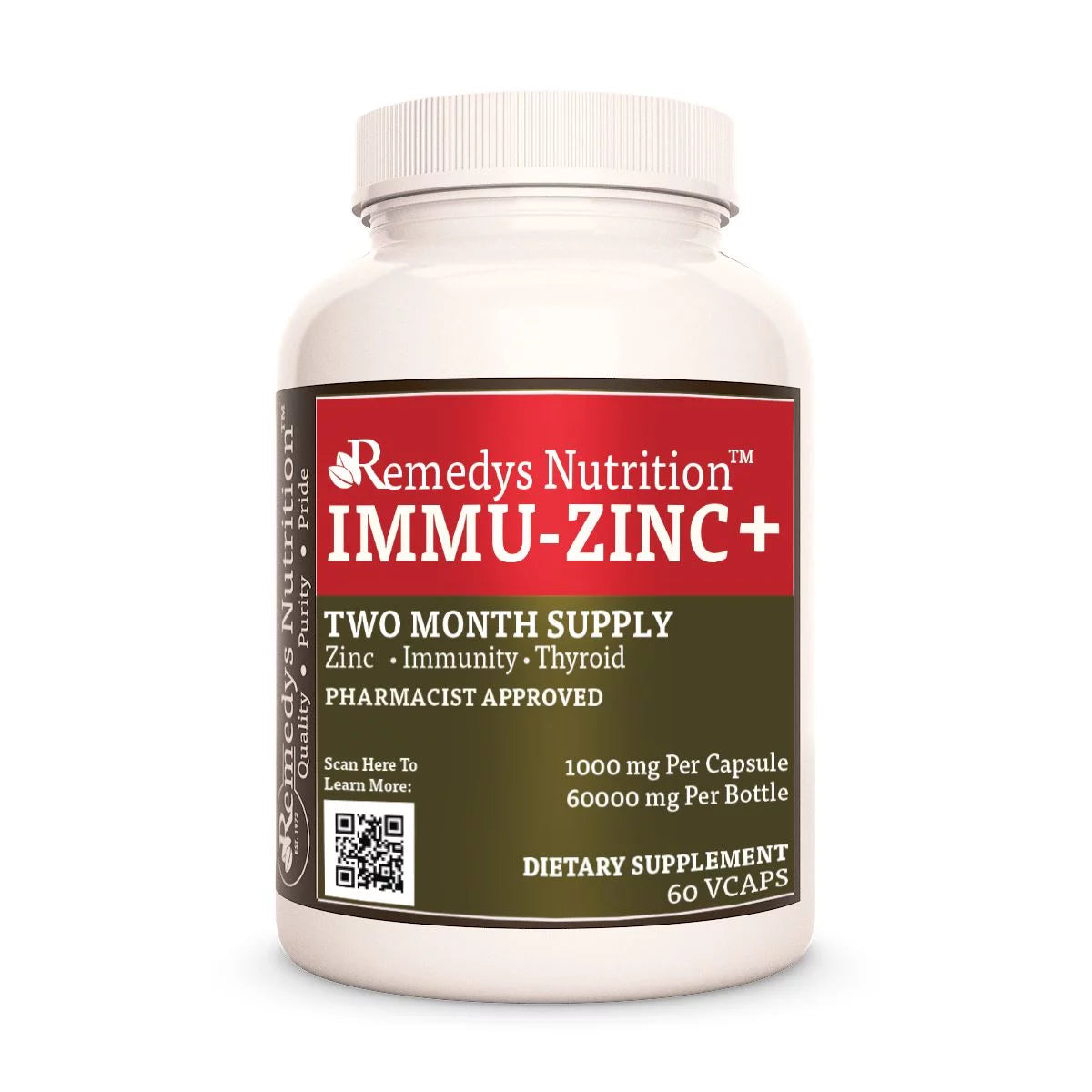 Image of Remedy's Nutrition® Immu-Zinc+™ Capsules Herbal Supplement front bottle. Made in the USA. Immunity. Elderberry. 