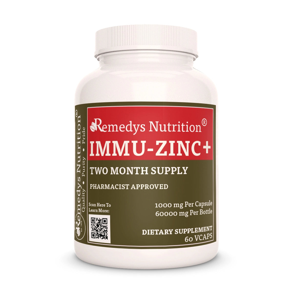 Image of Remedy's Nutrition® Immu-Zinc+™ Capsules Herbal Supplement front bottle. Made in the USA. Immunity. Elderberry. 