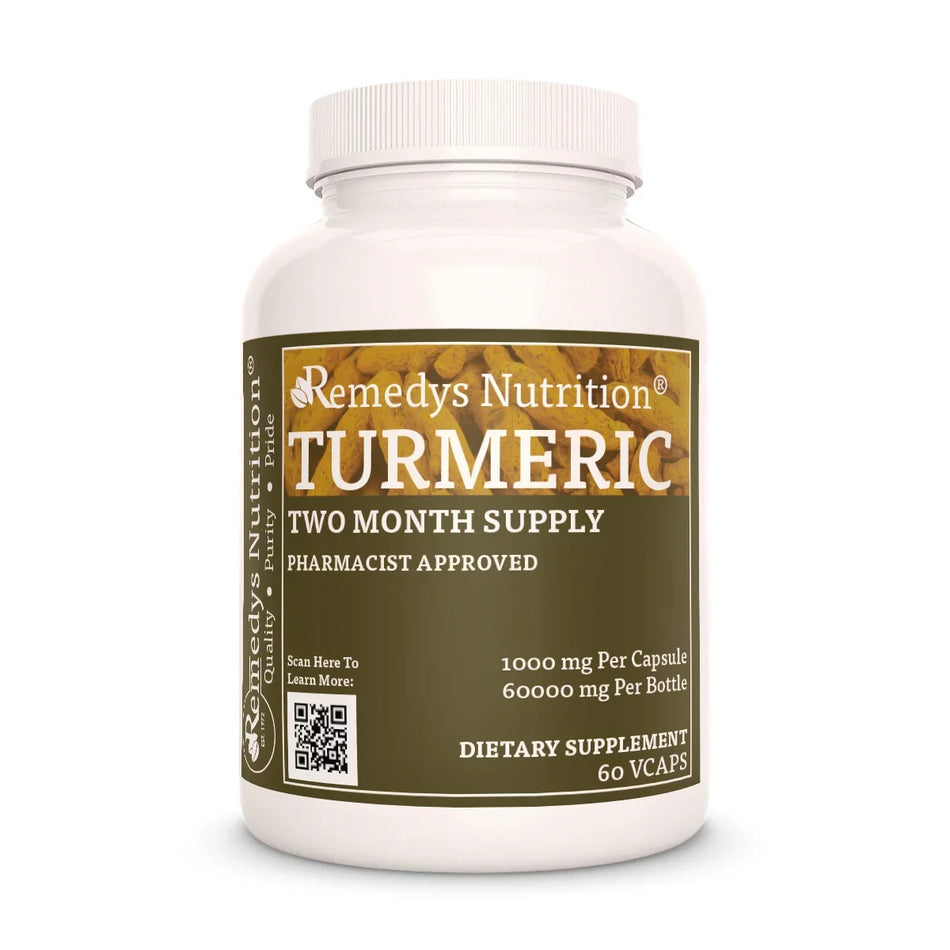 Image of Remedy's Nutrition® Indian Turmeric Root Capsules Herbal Dietary Supplement front bottle. Made in the USA.