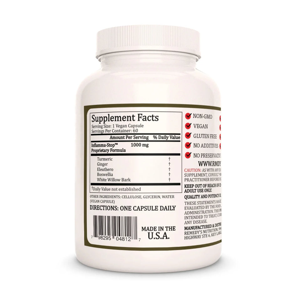 The Supplement Facts for Remedy's Nutrition Inflamma-Stop, a 1000mg proprietary vegan herbal blend.