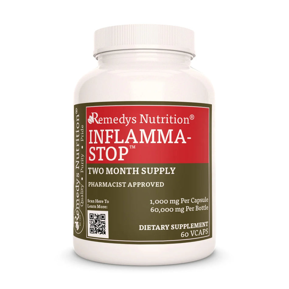 A bottle of Remedys Nutrition Inflamma-Stop, a two-month supply, pharmacist-approved dietary supplement.