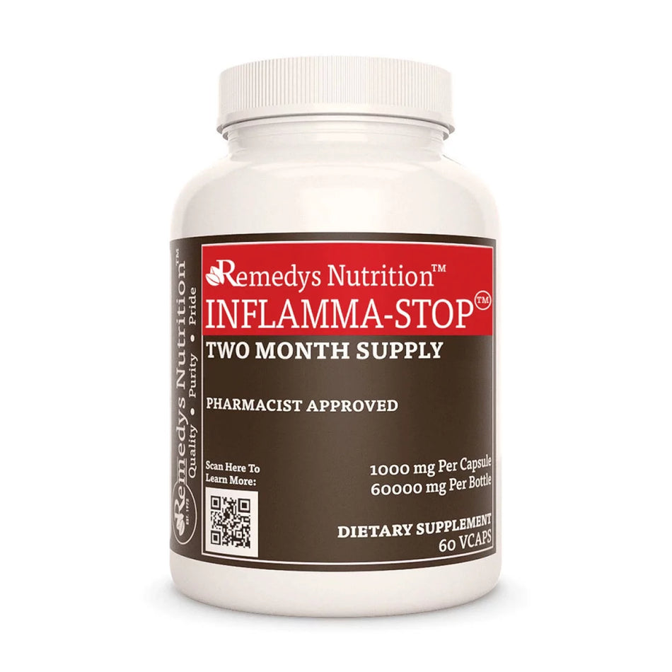 Image of Remedy's Nutrition® Inflamma-Stop™ Dietary Herbal Supplement front bottle. Made in the USA.